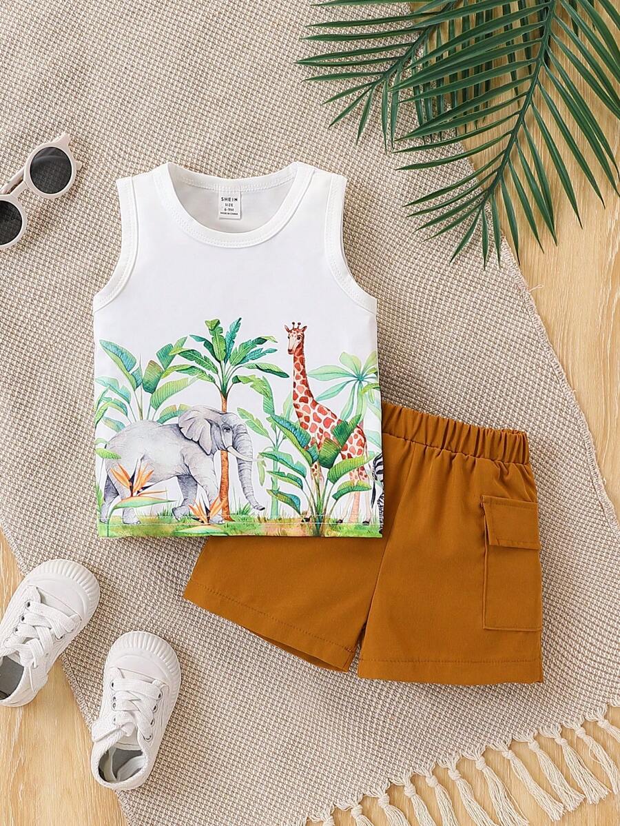 男婴卡通动物图案印花无袖上衣和短裤两件套，春夏 - 摩卡棕 - 查看 1