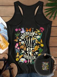 SHEIN LUNE Minimalist Casual Vintage Skull And Floral Graphic Plus Size Sleeveless Tank Top, Suitable For Summer - Black - View 1