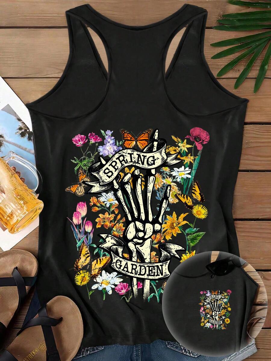 SHEIN LUNE Minimalist Casual Vintage Skull And Floral Graphic Plus Size Sleeveless Tank Top, Suitable For Summer - Black - View 1