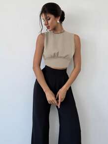 Firerie Women Elegant Minimalist Delicate Sexy Romantic Commuting Music Festival Valentine's Party Date Backless Sleeveless Shirt - Khaki - View 2