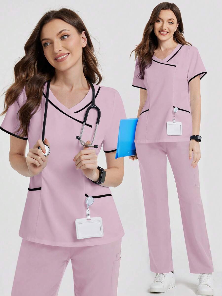 SHEIN TaskFit 女士 V 领口袋短袖医疗手术服上衣 - 粉色 - 查看 1