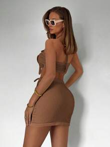 Roylia Set da 2 pezzi composto da canotta elegante da vacanza in tinta unita con texture traforata e ricamo 3D, abbinato a gonna midi