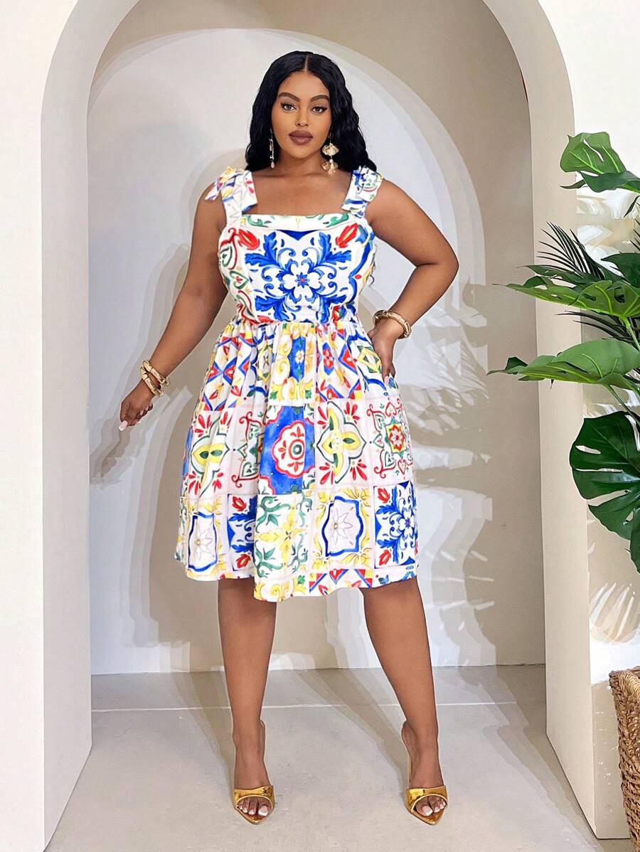 Slaydiva 大码女式花卉印花无袖休闲连衣裙 - 彩色 - 查看 1