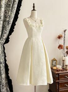 Vintamour 复古优雅女士提花纹理立体花朵度假连衣裙 - 杏色 - 查看 4