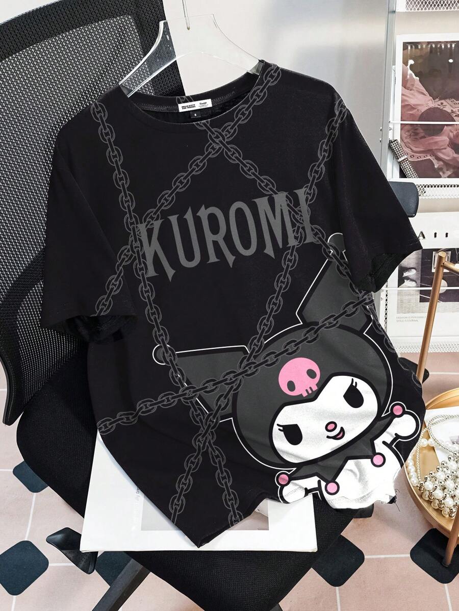 HELLO KITTY AND FRIENDS | SHEIN 女式字母与卡通图案休闲圆领短袖 T 恤，夏季 - 白色 - 查看 1