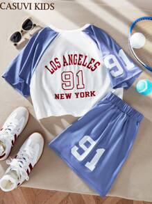 SHEIN 2pcs/Set Teen Girls Sporty Printed Top & Matching Shorts Athletic Outfit - Blue - View 8