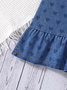 Baby Girl Heart Print Ruffle Hem Strap Denim Dress,Aqua Blue,Summer,Cute,Vacation,Fashionable Casual Street Style Heart Embroidery Blue Denim Dress - Blue - View 6
