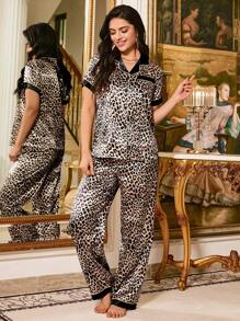 LuxeNights Color Block Leopard Print Lapel Short Sleeve Top & Pants Pajama Set - Multicolor - View 2