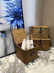 1pc Handwoven Storage Basket With Lid, Boho Style Desktop Storage Box, Multifunctional Hanging Container For Kitchen, Bathroom, Bedroom, Living Room, Office, Home Decor, Kitchen Accessories, Halloween, Christmas, Geometric Woven Boho Baskets, Wood Rattan Plant Pot Holders, Natural Mix Rope Decor For Coastal Vibes Outdoor Spaces - Mocha Brown - View 6