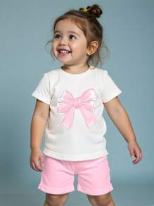 Baby Girl Casual Simple Pattern Short Sleeve Round Neck T-Shirt & Shorts Set, Suitable For Summer - White - View 1