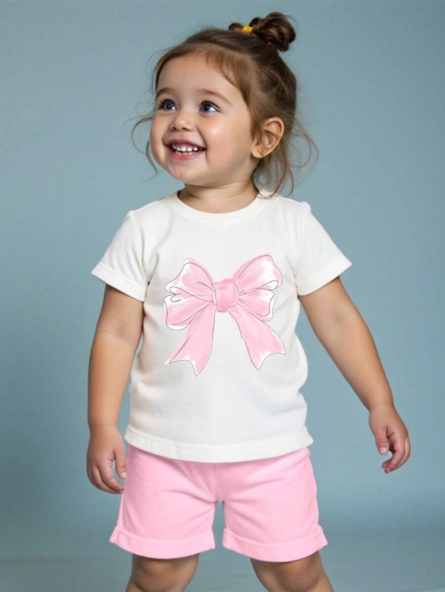 Baby Girl Casual Simple Pattern Short Sleeve Round Neck T-Shirt & Shorts Set, Suitable For Summer - White - View 1