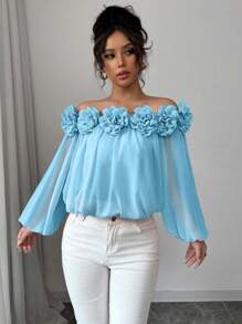 Rafferiza Women's Elegant Off Shoulder Chiffon Blouse, Soft, Smooth Matte Fabric With 3D Floral Design, Versatile For Daily Wear, Dates & Parties, Long Sleeve Top - Blue - View 4