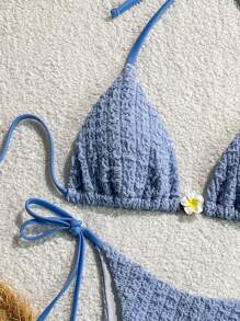 Swim Mod 2pcs Women Summer Beach Textured Halter Neck Bikini Set, Triangle Top And Tie Side Bikini Bottom - Baby Blue - View 5