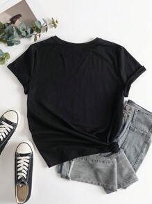 SHEIN LUNE Easter Day Rabbit Pattern Gift For Mom Casual Loose Round Neck Short Sleeve T-Shirt For Women, Suitable For Summer - Black - View 4