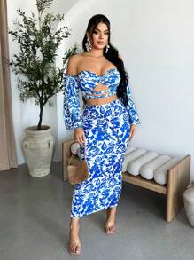 SHEIN SXY Top corta con hombros al descubierto con corte y twist sexy, con estampado completo, para vacaciones