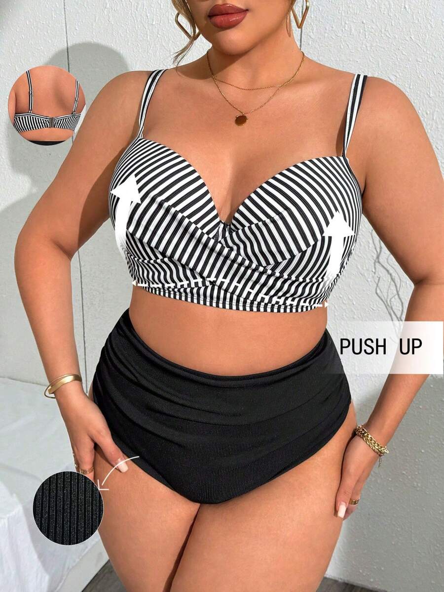Swim Lushoire Plus Size Women Ribbed Textured Print Underwire Supportive Cross Front Top Paired With Black Ribbed Ruched Slimming Bottom, Beach Swimsuit Set, Summer - Black and White - View 1