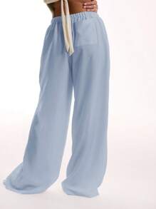 MUSERA Holiday Textured Linen Feel Tie Waist Trousers Ibiza Boho Fits For Summer Rave Festival Airport Spring Casual Vacation - Blue - View 2