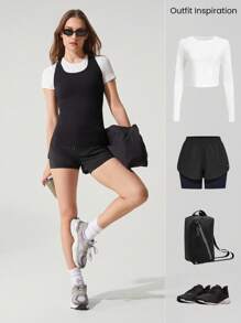 GLOWMODE Seamless Resilient U-Neck Racerback Hip Length Ribbed Active Tank Top Daily Casual Wear Removable Cups - Black - View 8