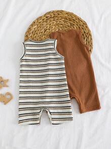 2 Packs Newborn Baby Girl & Boy Waffle Knit Solid & Striped Rompers, Comfortable & Casual Basics Suitable For All Occasions In Summer, Easy On/Off - Multicolor - View 2