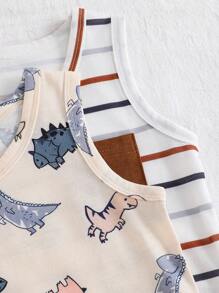 SHEIN 4 Packs New Born Baby Boy Sleeveless Vest & Matching Shorts Set + 2 Sets Striped T-Shirt, Dinosaur Print, Casual All-Match Outfit For Summer All Occasions - Multicolor - View 7