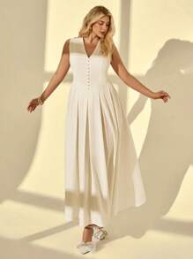 Auralis Plus Size Women's Solid Color Button V-Neck Sleeveless Pleated Elegant Dress