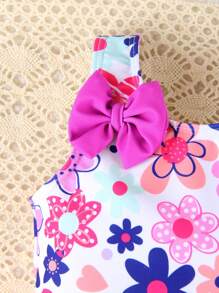 Baby Girl Floral Print Hooded One-Piece Swimsuit, Summer Holiday - Multicolor - View 5