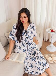 Dream Adore Plus Size Bow Decor Butterfly Print Pleated Textured Short Sleeve Nightgown - Blue - View 1
