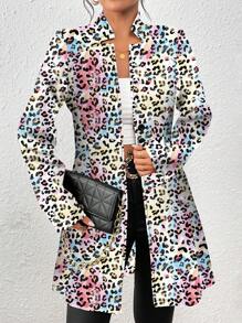 SHEIN Clasi Women's Casual Resort Knit Textured Leopard Print Slim Fitted Jacket - Multicolor - View 6