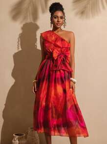 Vesra Váy nữ thanh lịch một vai xếp nếp in họa tiết nhuộm loang Organza - Đỏ - Xem 6