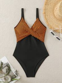 SHEIN Swim Striped Special Fabric Crisscross Front One-Piece Swimsuit For Summer Beach Vacation - Multicolor - View 8
