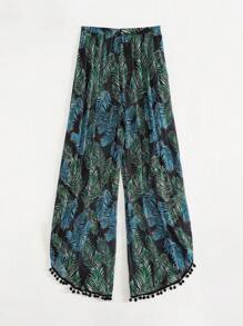 SHEIN Swim 1pc Women's Floral Leaf Print Tassel Decorated High Waist Jumpsuit, Vacation Style For Summer - Green - View 7
