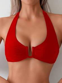 SHEIN Swim Springbreak Women's Halter Neck U-Neck Rouched Front Minimalist Stylish Versatile Swimsuit Top - Red - View 3