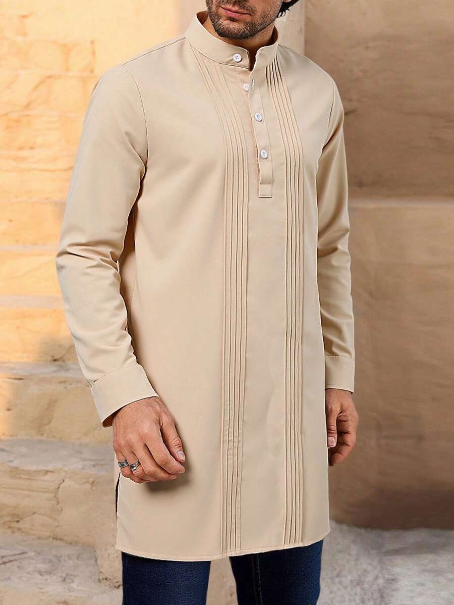 Manfinity Homme 男士长袖纯色休闲长衬衫，适合夏季 - 杏色 - 查看 1