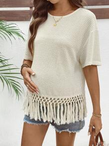 SHEIN Camiseta casual de embarazo holgada con dobladillo con flecos y cuello redondo de un solo color