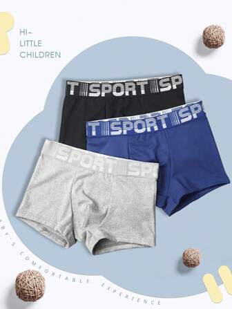 3pcs Tween Boy Soft Comfortable Letter Patchwork Boxer Briefs Multipack Underwear