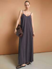 Ontre 2025 Women's Solid Color Loose Spaghetti Strap Dress, Simple Casual, Versatile, Vintage Style, Spaghetti Strap Vacation Dress - Dark Grey - View 7