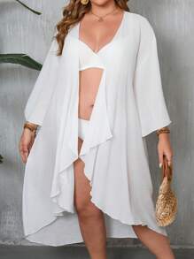 Swim Lushoire Cubre pareo tipo kimono para mujer talla grande de color negro liso, suelto y liviano, funda de baño con manga larga y larga
