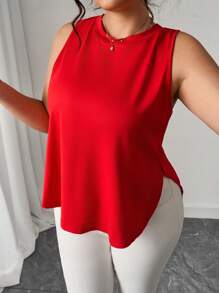 Elenzga Áo ba lỗ cổ tròn màu trơn cỡ lớn cho nữ, xẻ tà bên hông, thường ngày đi nghỉ - Đỏ - Xem 4