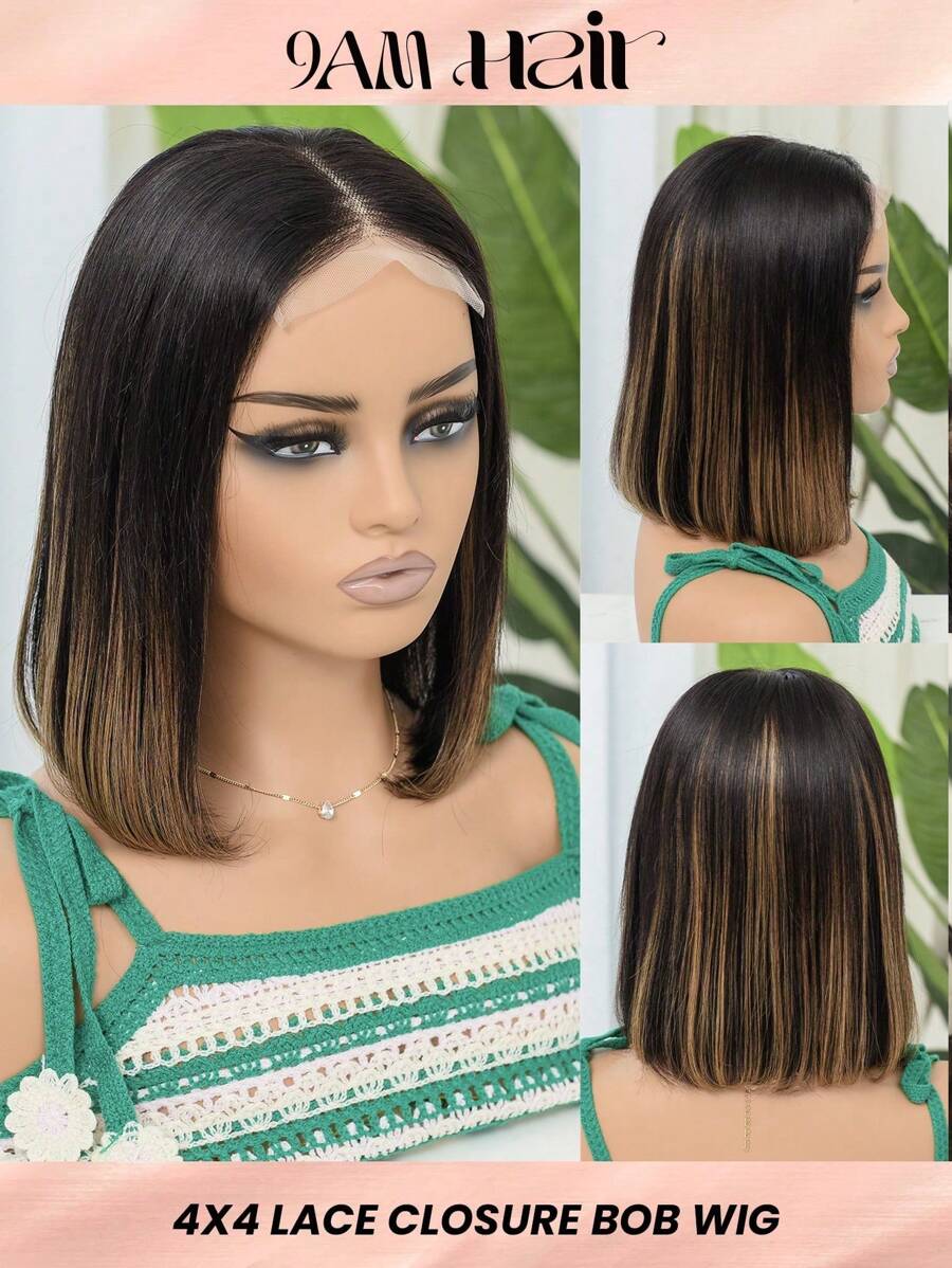 1B/30 Ombre Color Short Bob Straight Lace Closure Human Hair Frontal Wig Peruvian 4x4 Lace Closure Human Hair Front Wig With Baby Hair Pre Plucked Virgin Hair Bob Wigs 150 Density