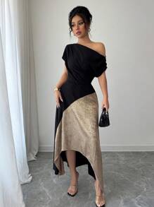 Rafferiza Women's Asymmetric Hemline & Neckline Contrast Color Fashion Dress - Black - View 6