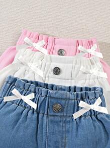 NEW 3pcs/Set Baby Girls All-Match Solid Ruffled Waist Loose Casual Denim Shorts In Blue, White And Pink, Cute Bowknot Decor, Comfortable For Daily Wear And Leisure Activities, Summer 2025 New Arrival