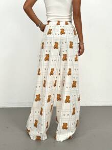 SHEIN PETITE Pantaloni a vita alta a zampa larga con cravatta in vita e motivo a quadri con orsetti cartooneschi per donne