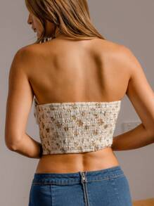 Aralina Top corto ajustado con estampado floral sutil, cordones delanteros y estilo de corsé sin tirantes, ideal para vacaciones de verano