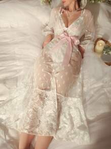 Women's Heart Mesh Contrast Lace Sheer Robe Holidayseason - White - View 5