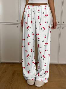 CovetEZ Women's Casual Minimalist Low Waist Straight Leg Pants, Cherry Print, Suitable For Summer, Loungewear Suitable For Going Out Fall Clothes Winter Clothes