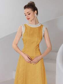 Modelyn 女士优雅撞色蕾丝腰收腰长裙，夏季