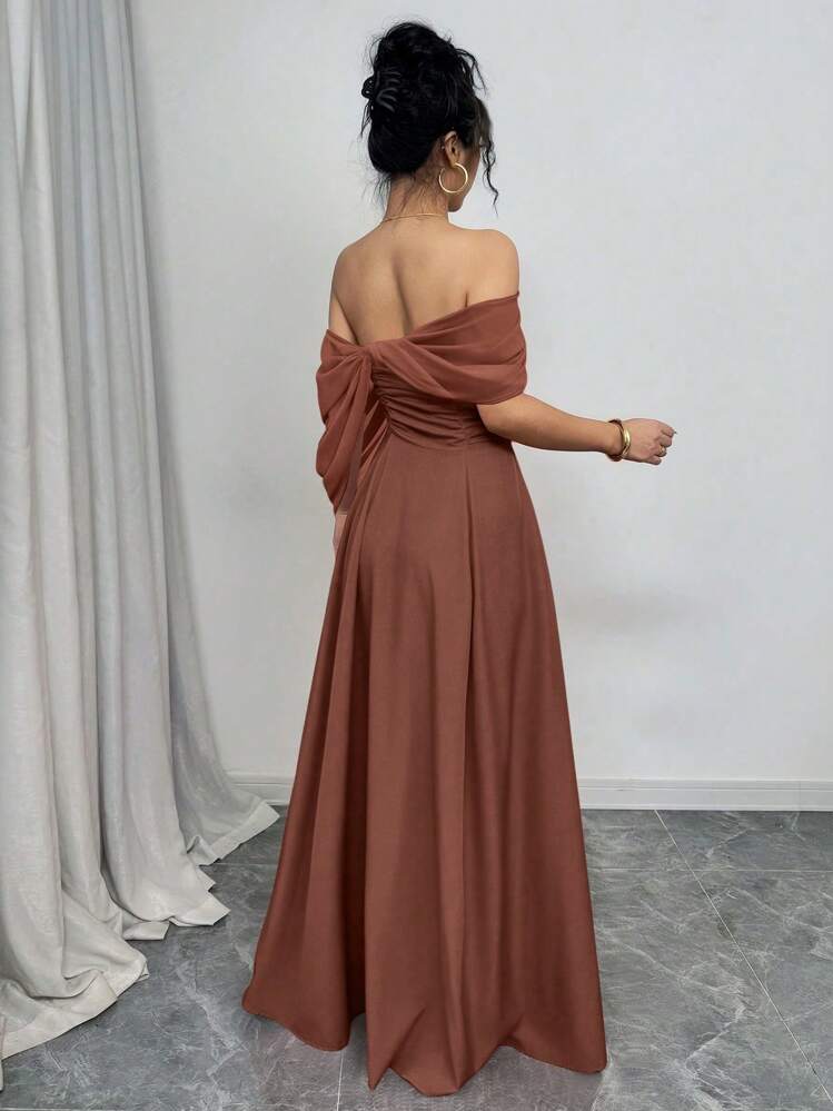 Rafferiza Vestido entero con cuello alto retorcido y cintura con drapeado sin tirantes para mujeres - Color caoba - Añade 2