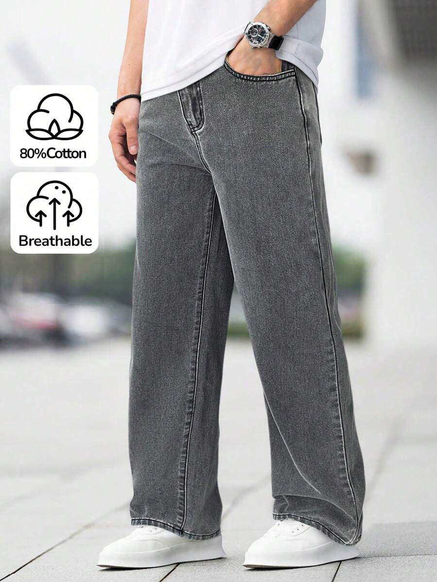 SHEIN 青少年男童时尚休闲灰色牛仔基本款简约宽松直筒牛仔裤，柔软舒适，适合日常穿着，四季皆宜。