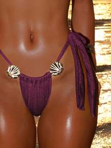 Swim SXY Women's Solid Shiny Metallic Shell Detail Halter Neck Sexy 2 Pieces Bikini Swimwear, Summer Beach Outfits - Violet Purple - View 4