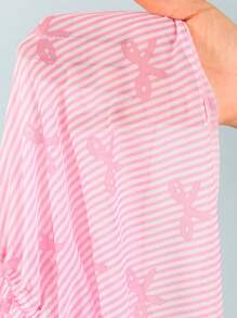 年轻女孩夏季连体泳衣/两件套防晒和服/甜甜圈印花，适合海滩度假 - 藕粉色 - 查看 5